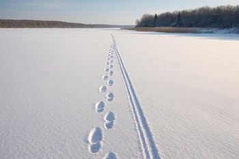 Следы рыболова на насте, уходящие к кромке камышей