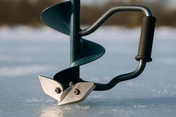 Ледобур стоит на льду рядом с пробной лункой