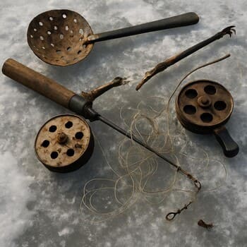 Перегруженный ящик со снастями и разбросанный инвентарь на льду