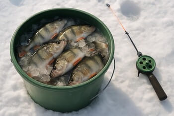 Ведро с рыбой на снегу возле лунки и ящика рыболова