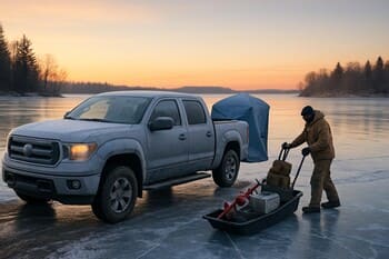 Автомобиль у заснеженного берега на рассвете