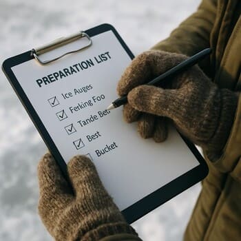 Руки рыболова отмечают пункты чек-листа перед выездом