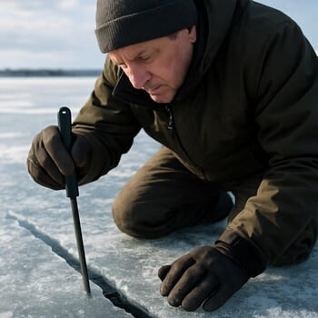 Рыболов проверяет лёд пешнёй возле трещины