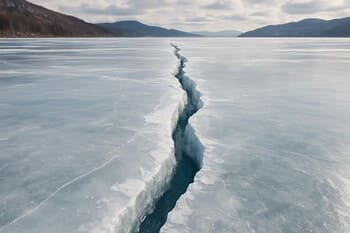 Широкая трещина на льду с заметными перепадами по краям