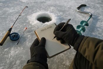 Блокнот с заметками о маршруте зимней рыбалки и карандаш