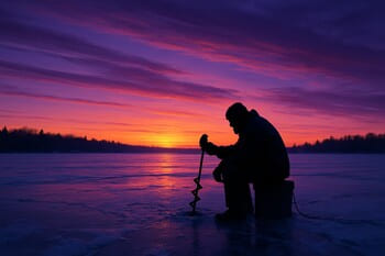 Вечерний лёд с остывающим следом от санок, уходящим к берегу