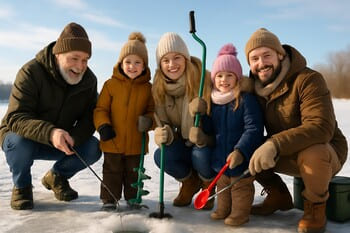 Взрослый и ребёнок идут по безопасной тропе на зимнем водоёме