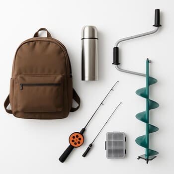 Комплект зимнего снаряжения: рюкзак, удочки, ледобур и тёплые варежки