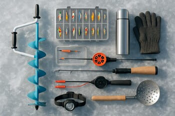 Разложенный на льду ящик со снастями, ледобур и тёплые перчатки