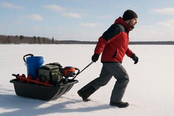 Невысокие санки с уложенным снаряжением на зимнем льду