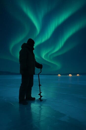 Рыболов на льду под мягким северным сиянием