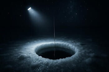 Лунка в свете фонаря на ночном льду