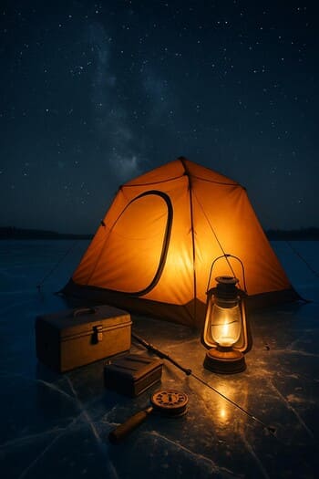 Палатка на льду, рядом свет керосиновой лампы и ящик рыболова