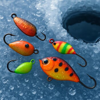 Балансиры и мормышки на льду рядом с пробуренной лункой