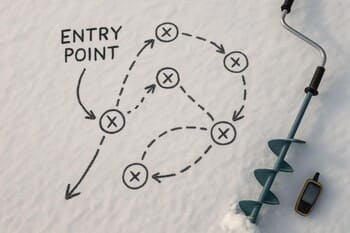 Схема ледового маршрута со входом, коряжником и возвратом к берегу