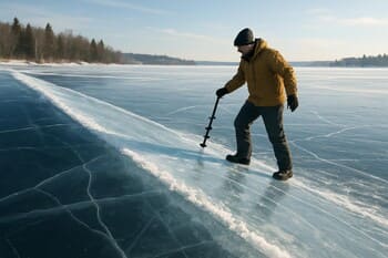 Склон берега и лёд, уходящий к более тёмной глубине