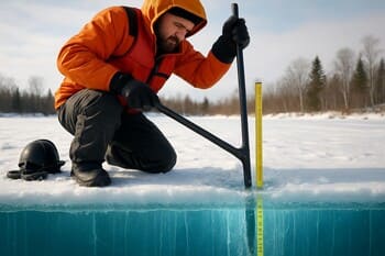 Рыболов проверяет толщину льда пешнёй возле трещины