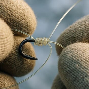 Крупный план узла на леске в руках рыболова