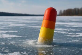 Заметный буй и береговой знак, видимые с льда