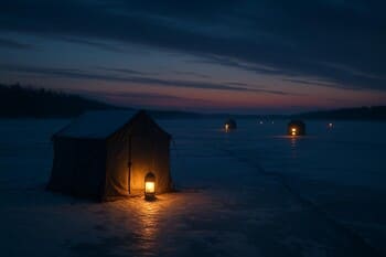 Цепочка огней домов на дальнем берегу зимнего водоёма