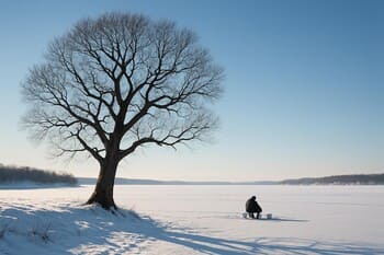 Одинокое дерево на береговом склоне напротив маршрута по льду