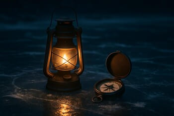 Фонарь и компас на льду возле палатки