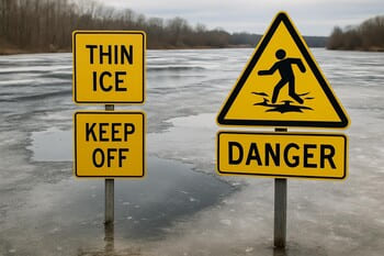 Знаки предупреждения на берегу и проталины на льду