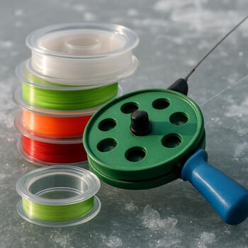 Катушки с леской и запасные мотовила на деревянной поверхности