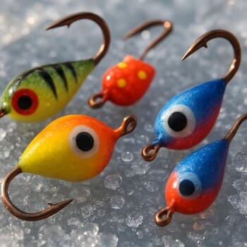 Мормышка с мотылём в пальцах рыболова на фоне льда