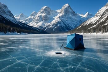 Зимнее озеро в окружении холмов и заснеженных склонов