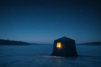 Ночной замёрзший водоём с одинокой палаткой рыбака на горизонте