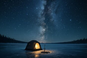 Ночное озеро под звёздным небом и следы на льду