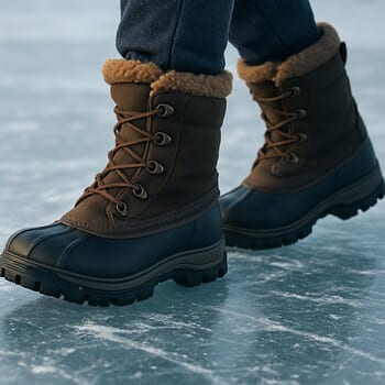 Тёплые ботинки на льду и тень рыболова на насте