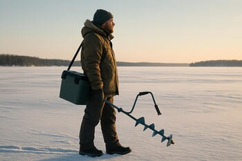 Рыболов остановился на тропе и смотрит на лёд впереди