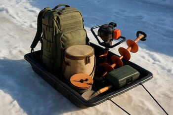 Санки у двери, готовые к выезду на зимнюю рыбалку