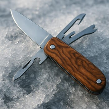 Складной нож и шнур лежат на тёплой варежке