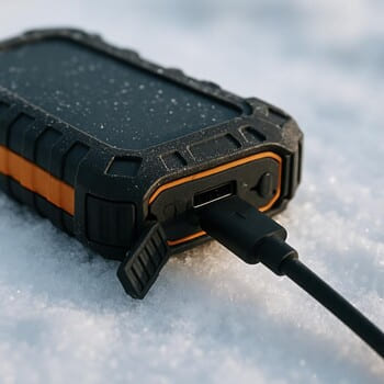 Повербанк и кабель лежат на тёплой подстилке в палатке