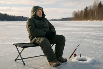 Небольшая снежная скамейка и рюкзак на льду