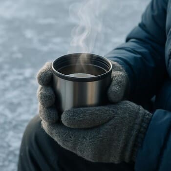 Термос и кружка на снегу возле тропы на льду