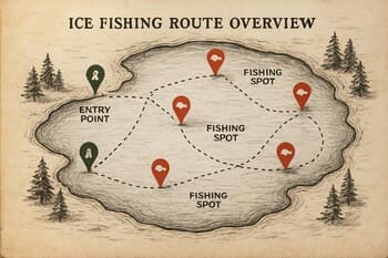 Схематичный план зимнего маршрута с отметками выхода, коридора лунок и точки возврата