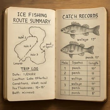 Блокнот с наброском маршрута зимней рыбалки и карандаш