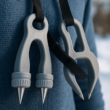 Пешня лежит на льду рядом со следами обуви