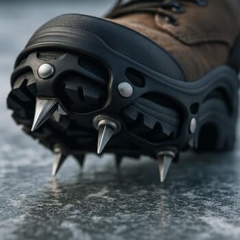 Спасалки с шипами лежат на фоне зимней куртки