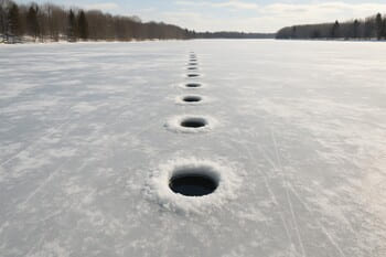 Ряд свежих лунок на разведочном маршруте по льду