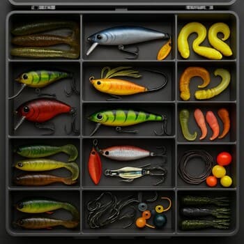 Открытый ящик с приманками, аккуратно разложенными по ячейкам