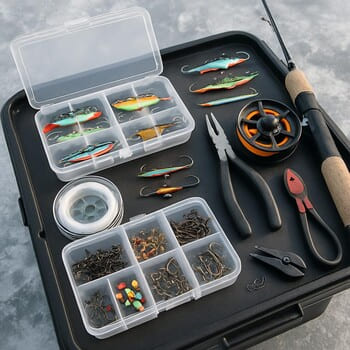 Стол с разложенными мормышками, катушками и леской