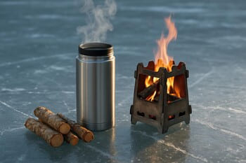 Термос и аккуратно сложенные дрова возле потухшей печки