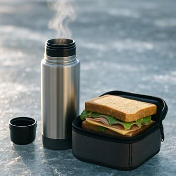 Термос и небольшая еда на фоне снежного льда