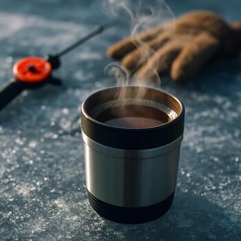 Термос с паром на ледяной поверхности рядом с рукавицей