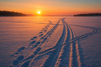 Дорожка следов на утреннем льду в сторону далёкого берега
